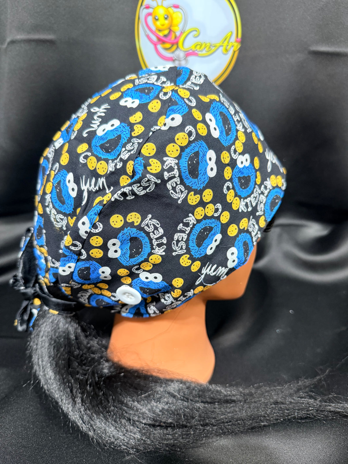 Cookie Monster Satin Lined Scrub Cap | Tie Back Surgical Hat | Button Scrub Cap for Nurses | Protective Hair Cap