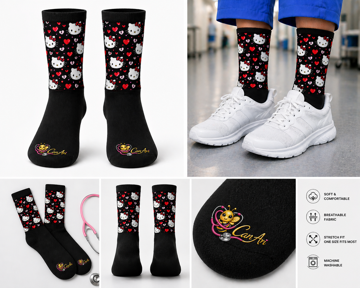 Can-Ari™ Hello Kitty Nurse Socks – Black Crew Socks (Patterned Calf + Logo Toe)