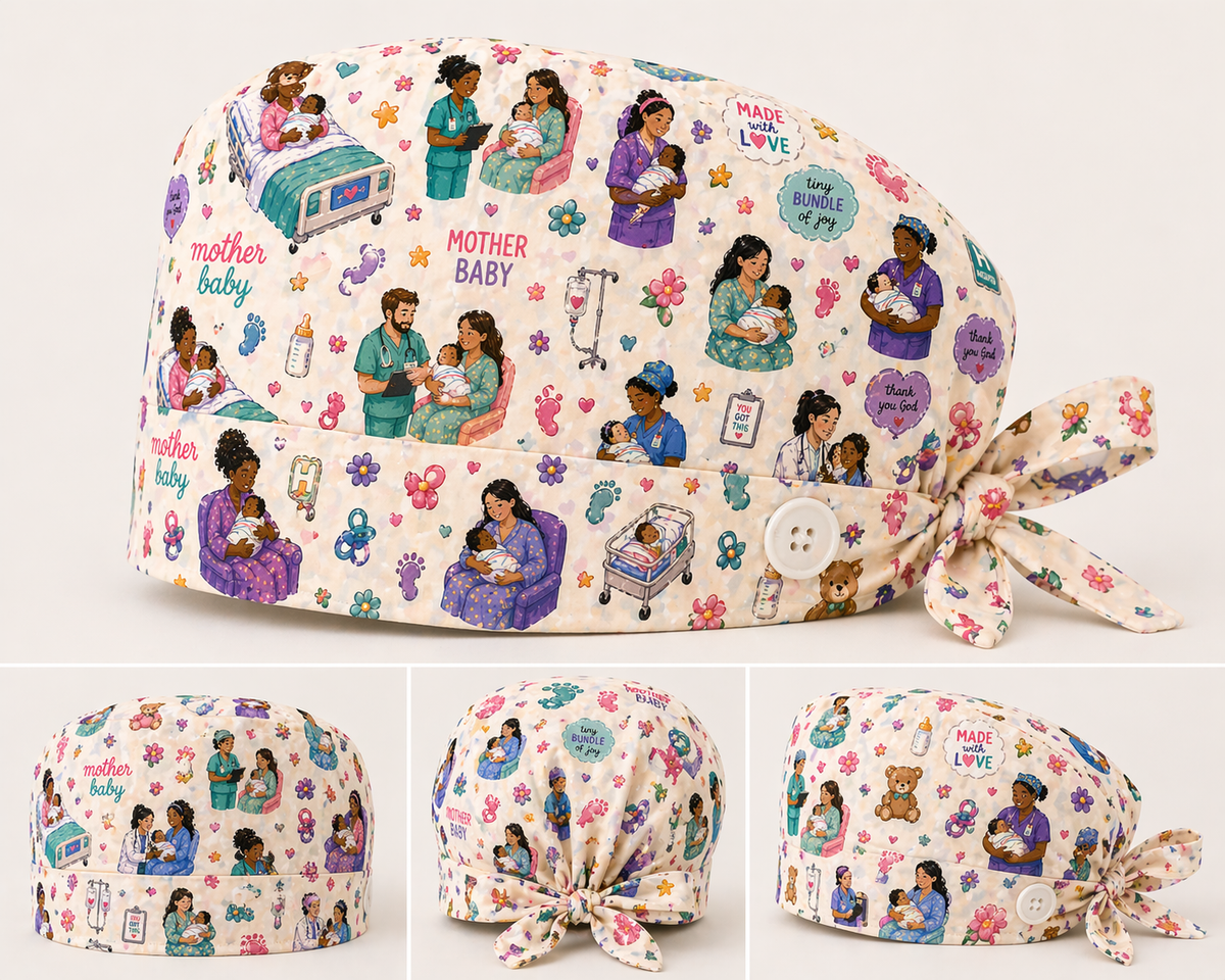 Mother Baby Scrub Cap | Labor & Delivery Nurse Cap | Maternity Scrub Hat | OB Nurse Gift | Tie Back Surgical Cap