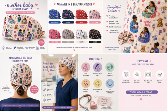 Mother Baby Scrub Cap | Labor & Delivery Nurse Cap | Maternity Scrub Hat | OB Nurse Gift | Tie Back Surgical Cap
