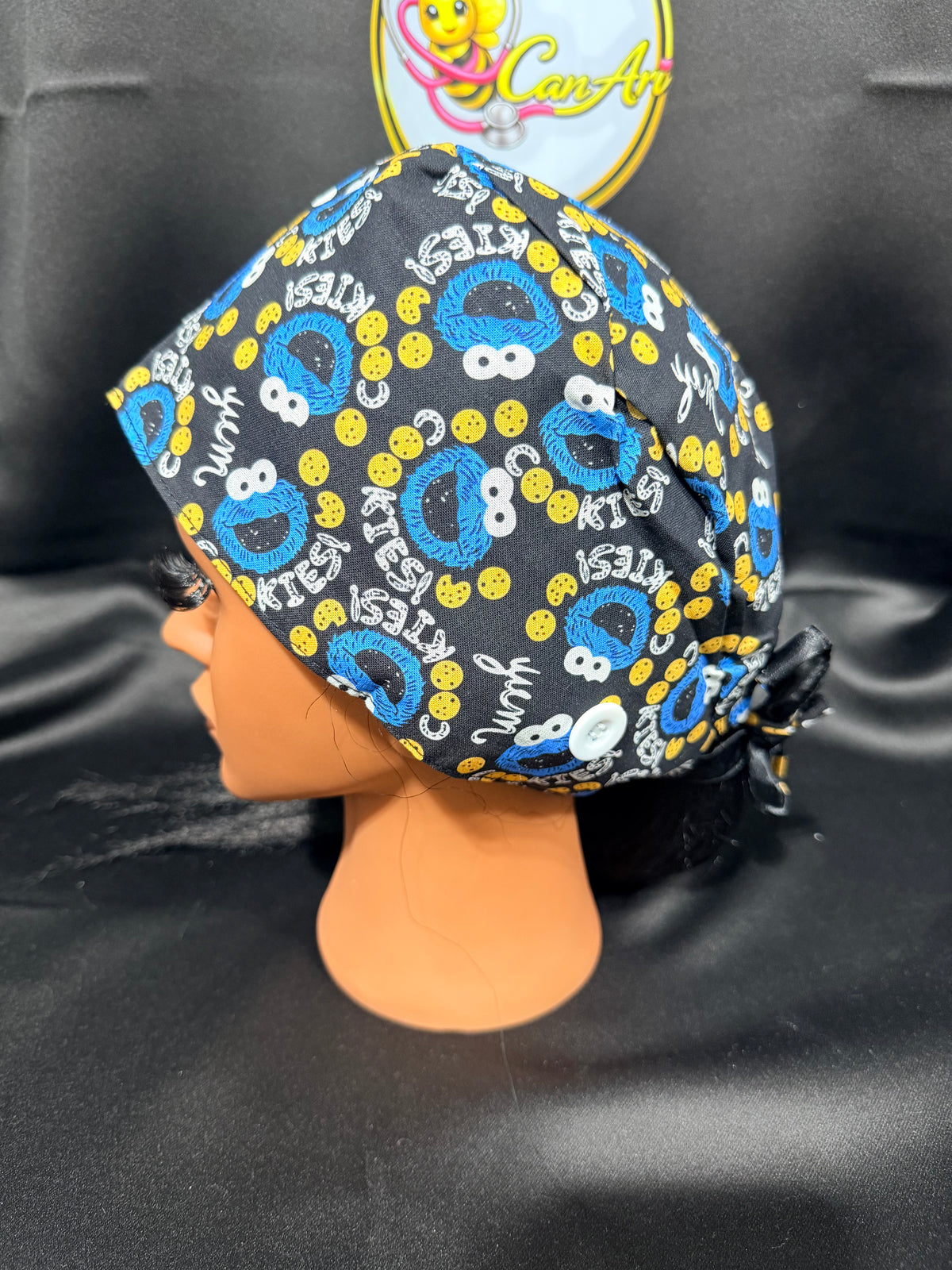 Cookie Monster Satin Lined Scrub Cap | Tie Back Surgical Hat | Button Scrub Cap for Nurses | Protective Hair Cap