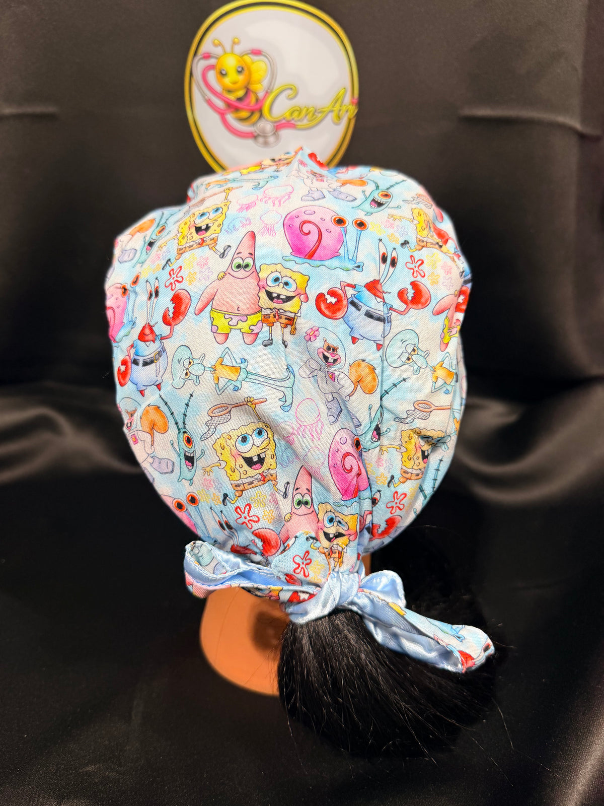 SpongeBob Satin-Lined Scrub Cap | Tie-Back Surgical Hat | Moisture-Protective Hair Cap | Cute Cartoon Nurse Cap