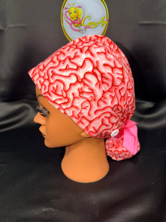 Brains Satin-Lined Scrub Cap | Neuro Nurse Surgical Cap | Tie-Back Ponytail Hat | Comfortable & Protective