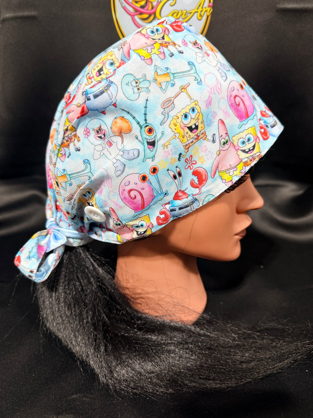 SpongeBob Satin-Lined Scrub Cap | Tie-Back Surgical Hat | Moisture-Protective Hair Cap | Cute Cartoon Nurse Cap