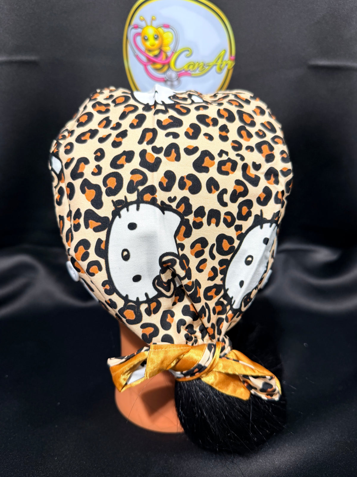 Leopard Hello Kitty Satin-Lined Scrub Cap | Ponytail Nurse Cap | Adjustable Tie Back Surgical Hat