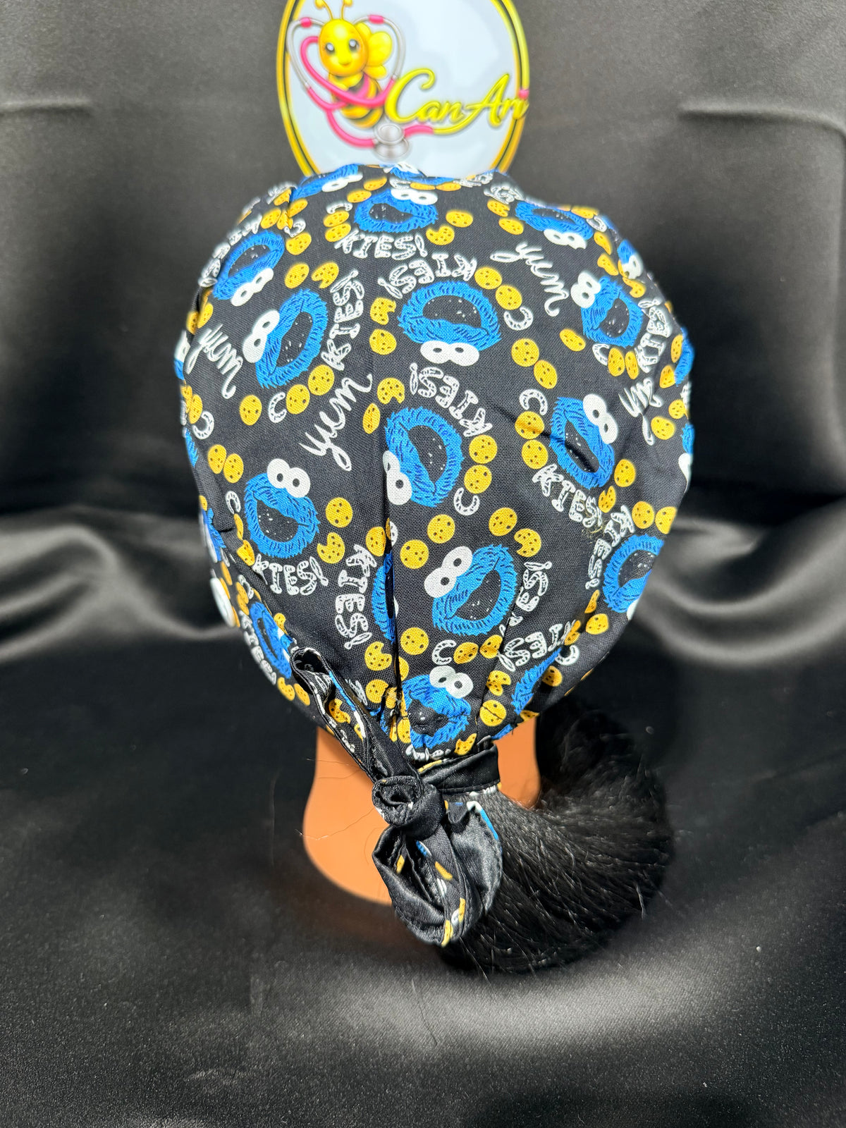 Cookie Monster Satin Lined Scrub Cap | Tie Back Surgical Hat | Button Scrub Cap for Nurses | Protective Hair Cap