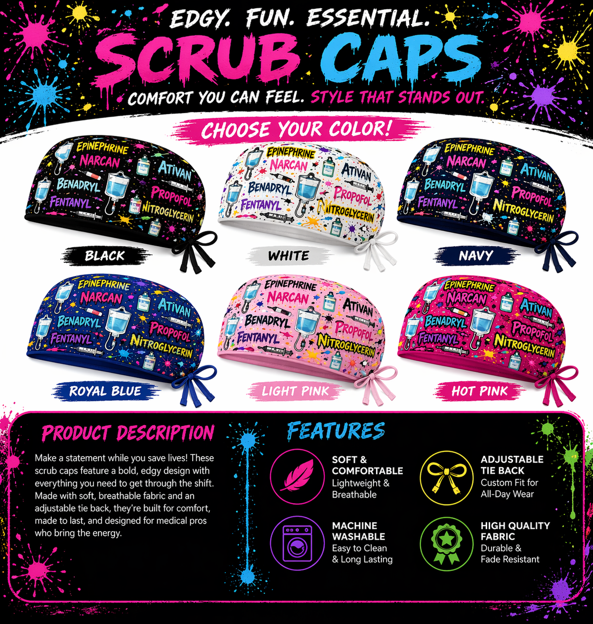 Medical Scrub Cap |  Nurse Cap | Adjustable Tie Back | RN / ER / ICU Scrub Hat | Fun Healthcare Gift