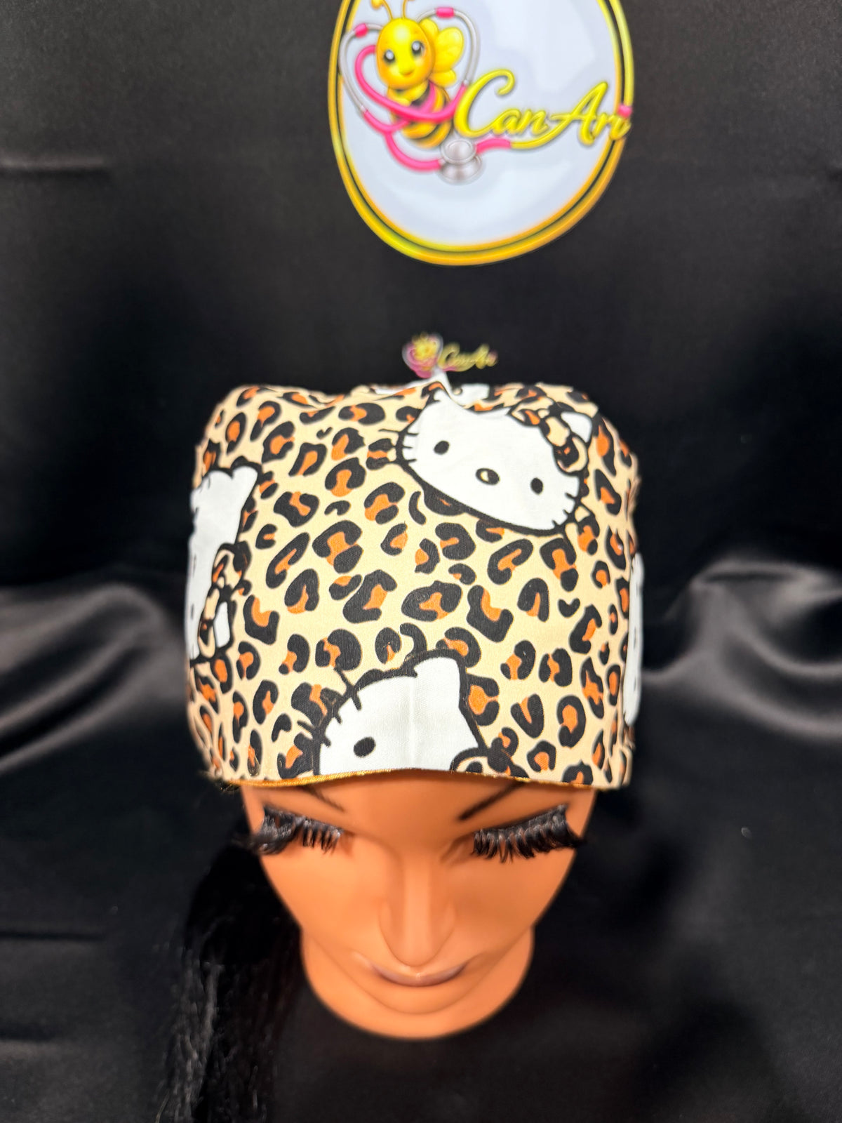 Leopard Hello Kitty Satin-Lined Scrub Cap | Ponytail Nurse Cap | Adjustable Tie Back Surgical Hat