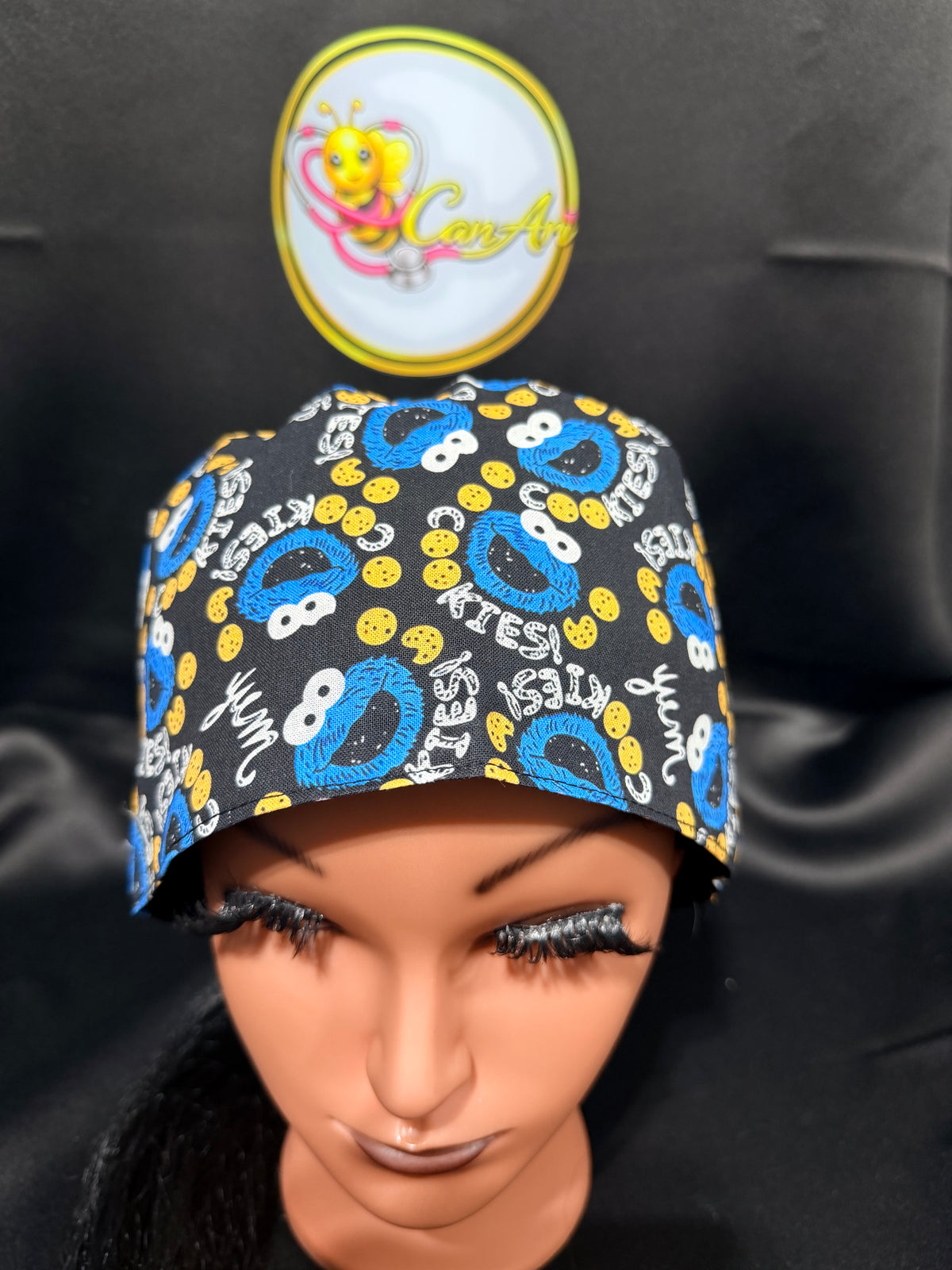 Cookie Monster Satin Lined Scrub Cap | Tie Back Surgical Hat | Button Scrub Cap for Nurses | Protective Hair Cap