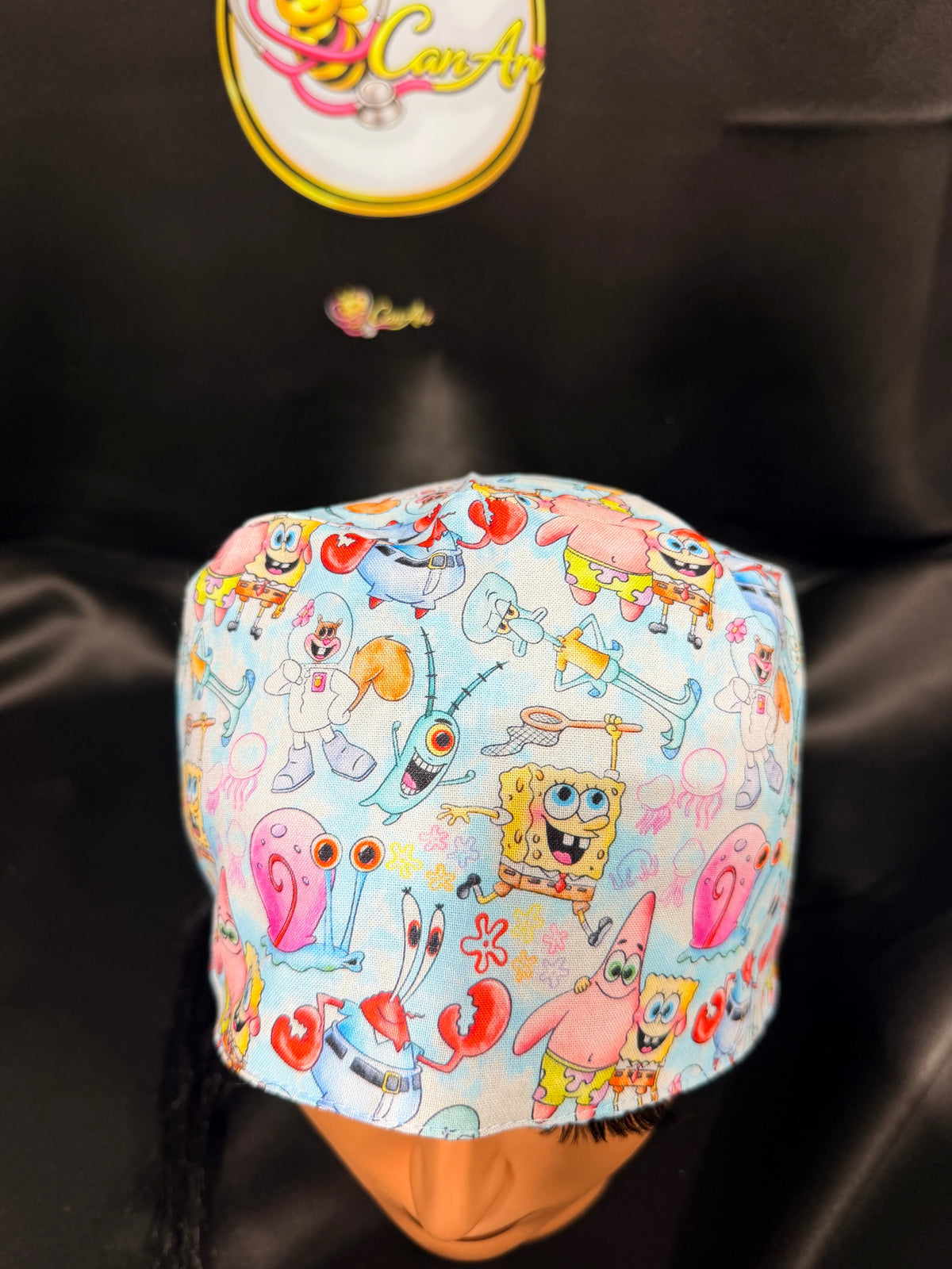 SpongeBob Satin-Lined Scrub Cap | Tie-Back Surgical Hat | Moisture-Protective Hair Cap | Cute Cartoon Nurse Cap