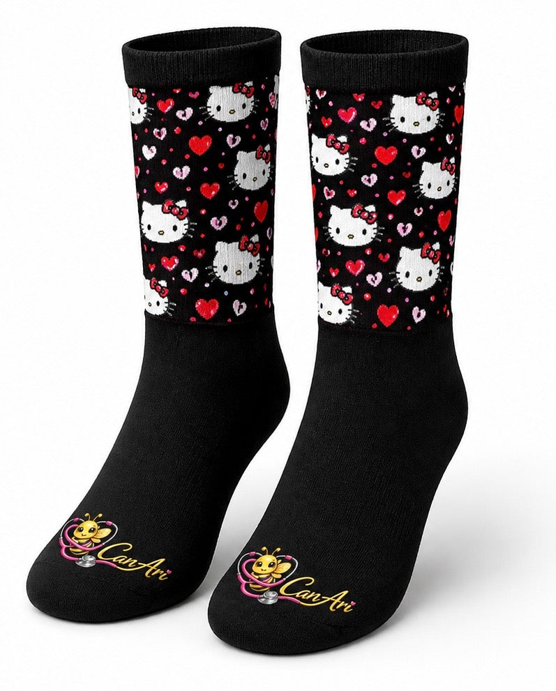 Can-Ari™ Hello Kitty Nurse Socks – Black Crew Socks (Patterned Calf + Logo Toe)