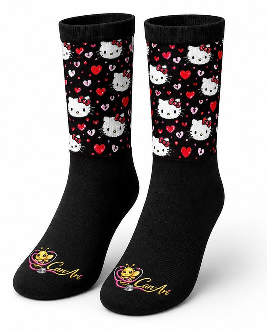 Can-Ari™ Hello Kitty Nurse Socks – Black Crew Socks (Patterned Calf + Logo Toe)