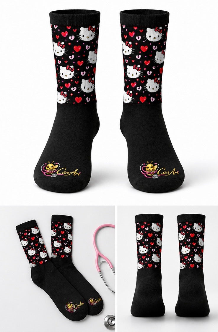 Can-Ari™ Hello Kitty Nurse Socks – Black Crew Socks (Patterned Calf + Logo Toe)