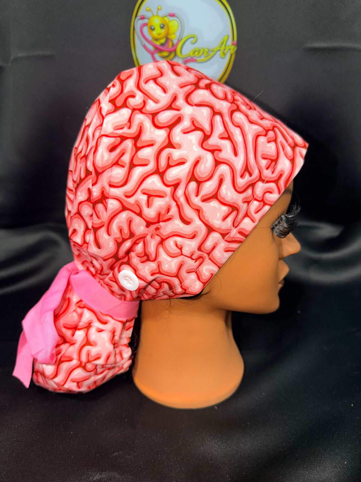 Brains Satin-Lined Scrub Cap | Neuro Nurse Surgical Cap | Tie-Back Ponytail Hat | Comfortable & Protective