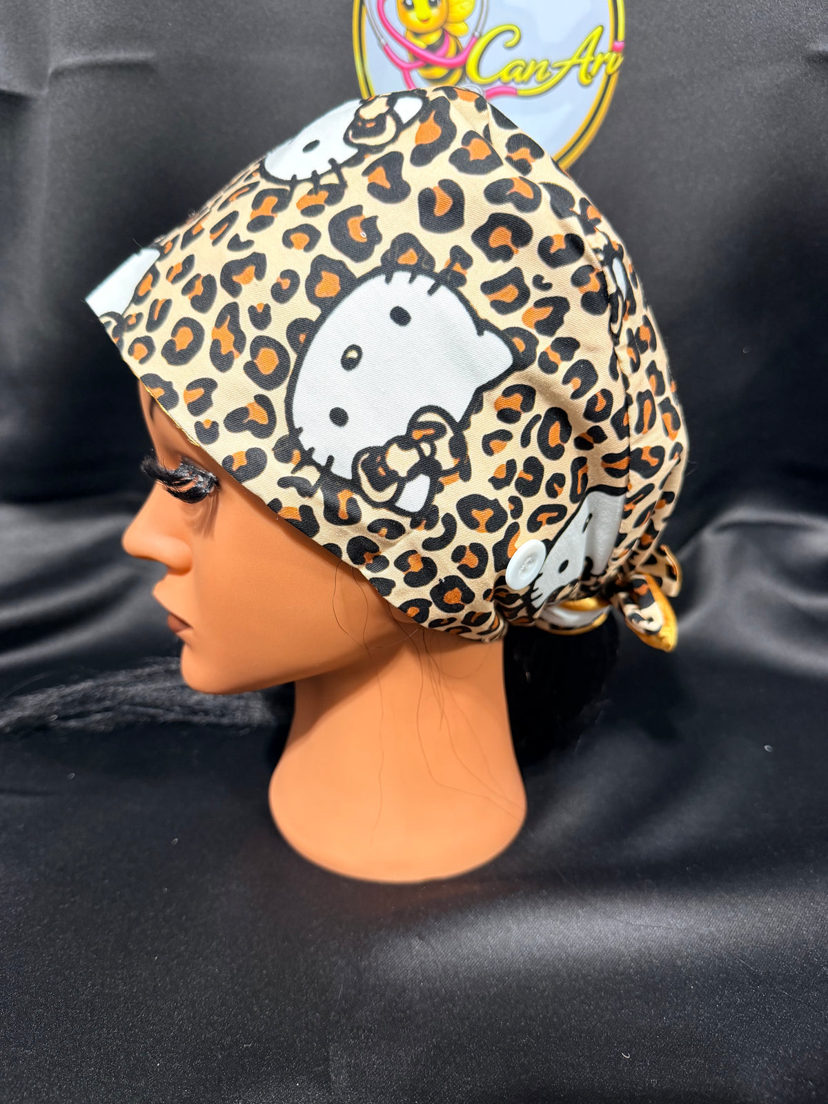 Leopard Hello Kitty Satin-Lined Scrub Cap | Ponytail Nurse Cap | Adjustable Tie Back Surgical Hat