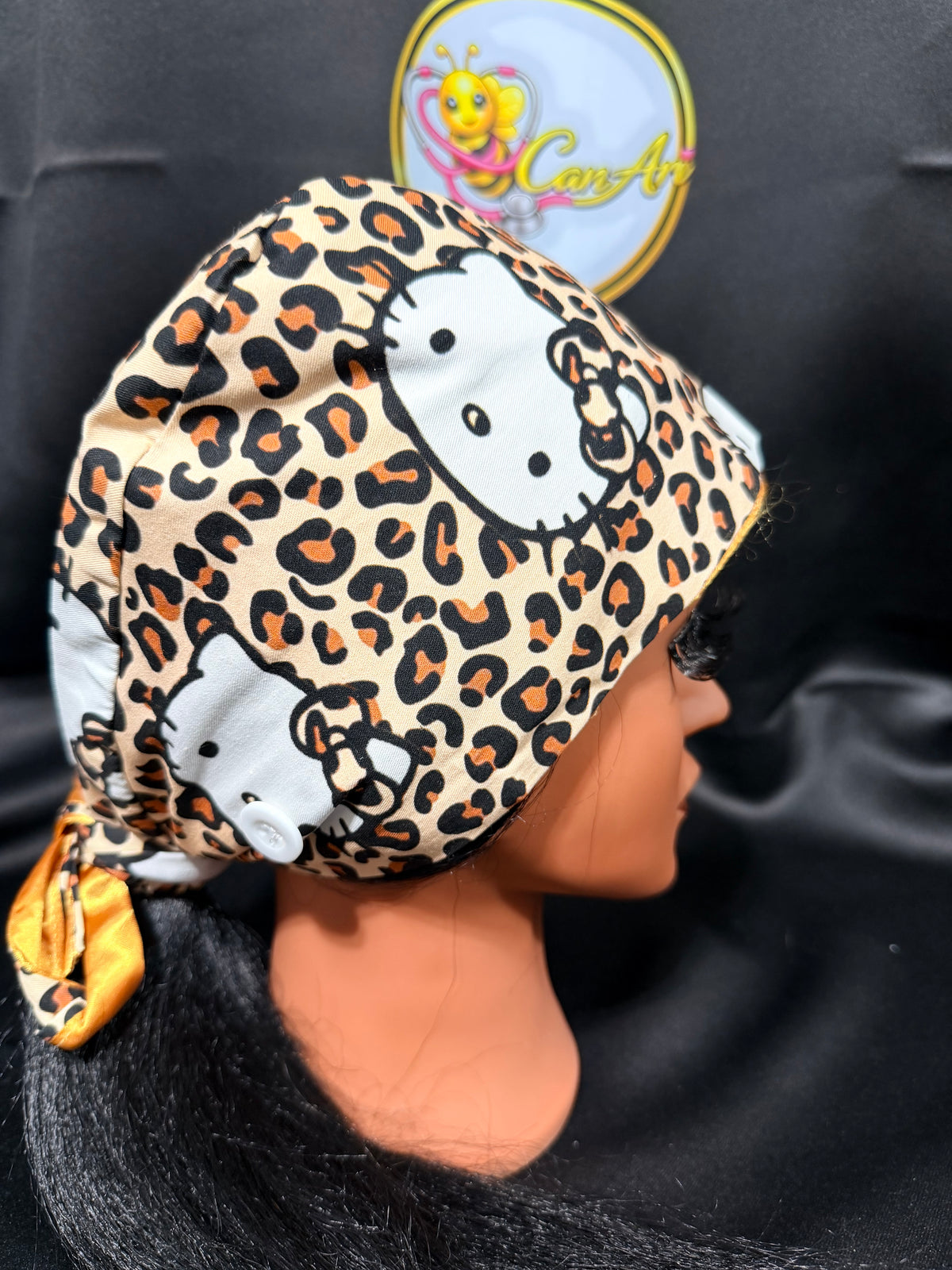 Leopard Hello Kitty Satin-Lined Scrub Cap | Ponytail Nurse Cap | Adjustable Tie Back Surgical Hat