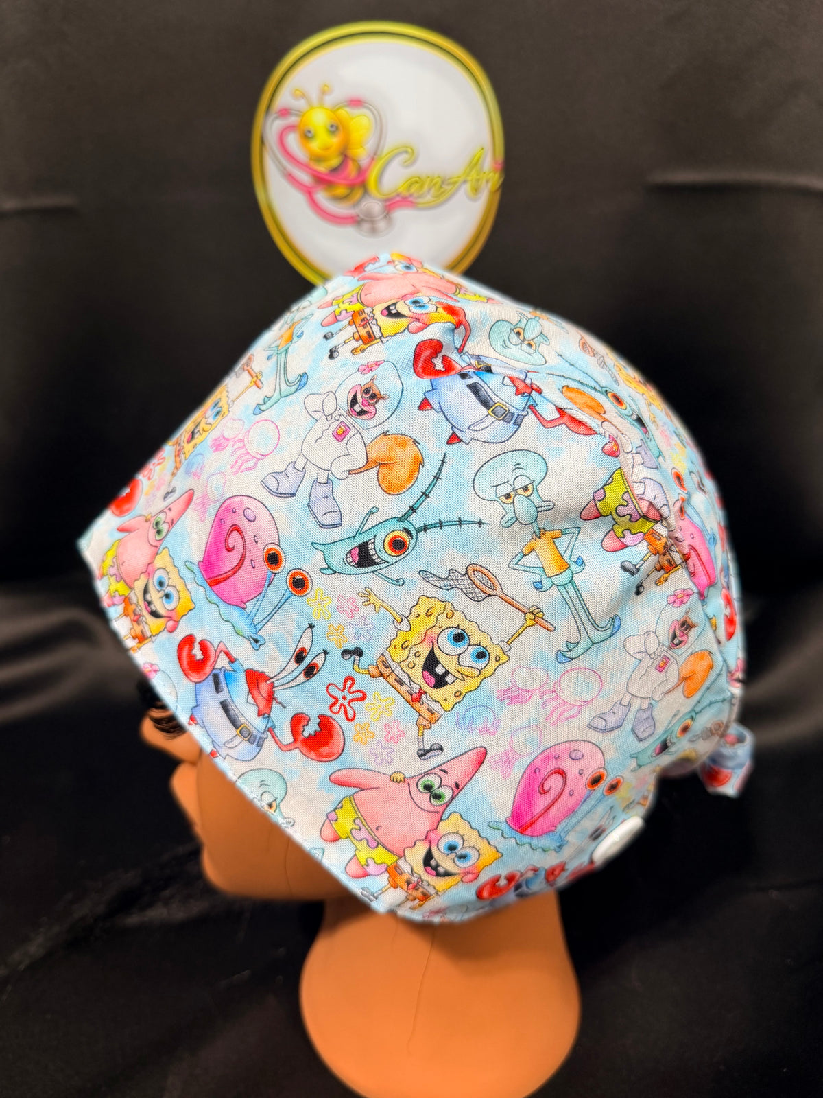 SpongeBob Satin-Lined Scrub Cap | Tie-Back Surgical Hat | Moisture-Protective Hair Cap | Cute Cartoon Nurse Cap